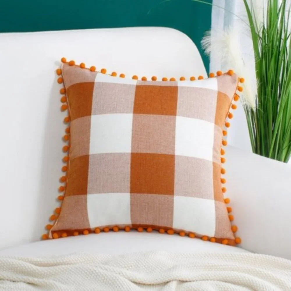 Set of 2 Decorative Plaid Throw Pillow Covers with Pom Poms | 18x18